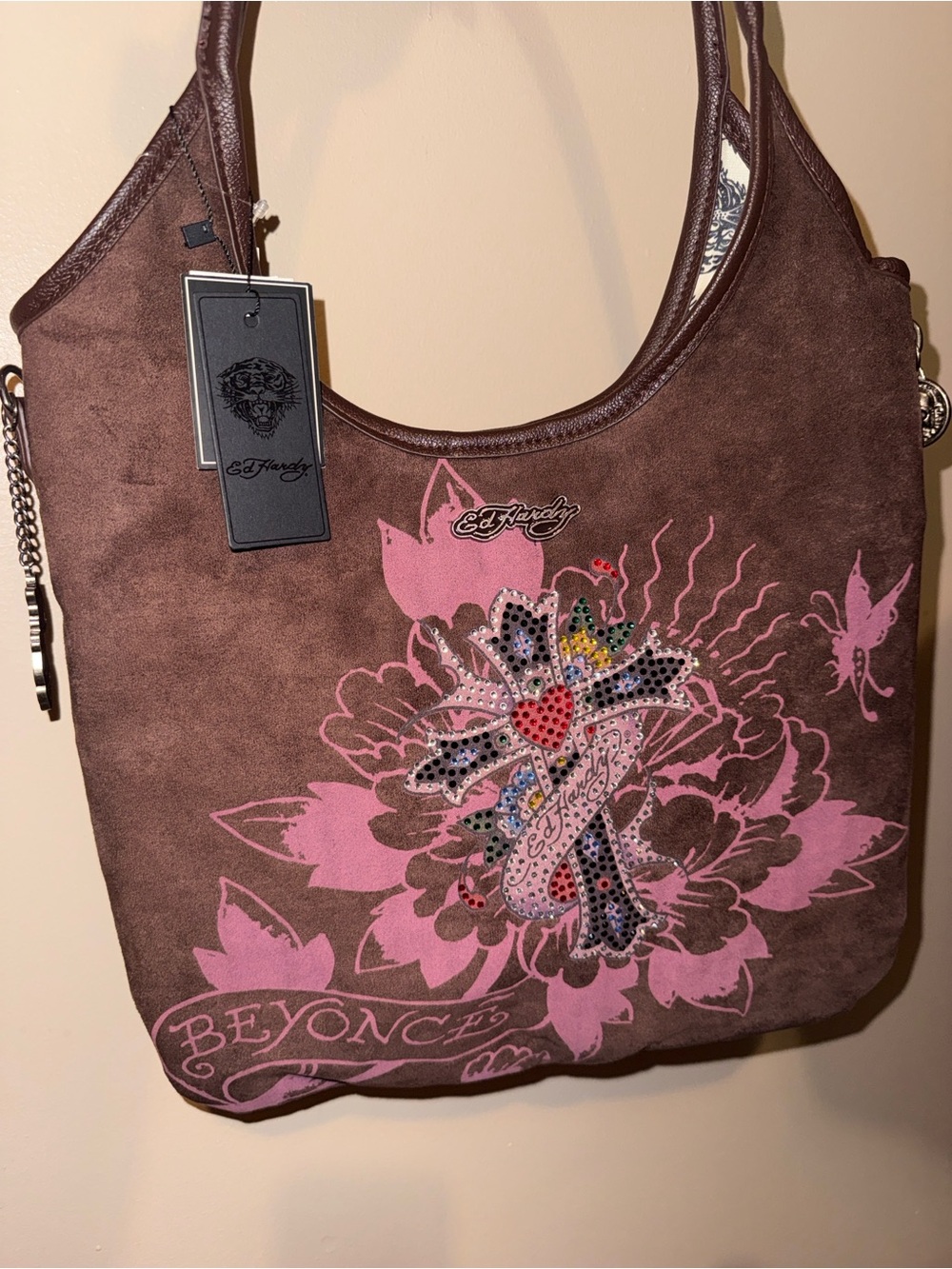 Ed Hardy Chocolate “Beyonce” Tote with rhinestones and butterfly design #edhardy